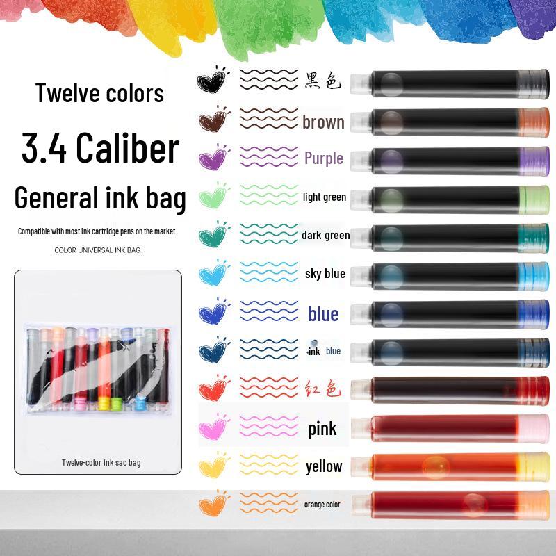 12 Color Universal Fountain Pen Ink Cartridges, Non-Carbon, 3.4 Caliber, Replaceable for Students