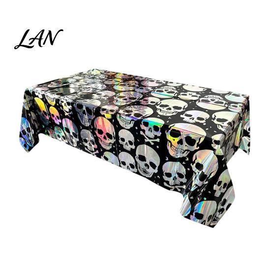 Halloween Background Skull Foil Fringe Curtain, Iridescent Disposable Tablecloth, Decorative Curtain Table Cover Tinsel Backdrop for Holiday