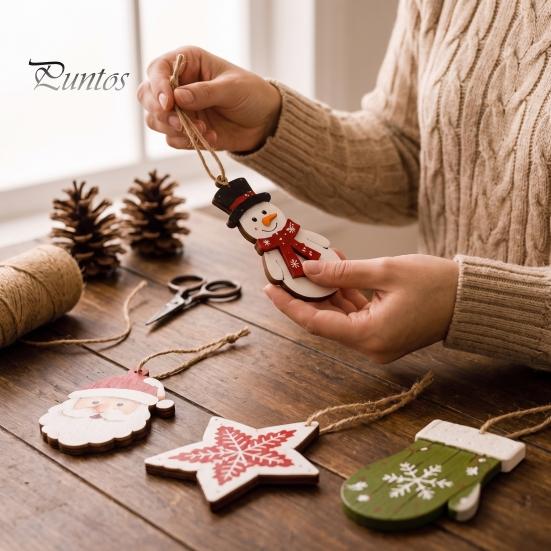 Holiday Party Wall Decor Vintage Christmas Hanging Bunting Garland, 2D Flat Wooden Snowman Elk Stocking Festive Window Showcase Ornaments Tree