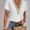 Women's V Neck Blouse Short Sleeve Lace Trim Loose Fit Casual Summer Top