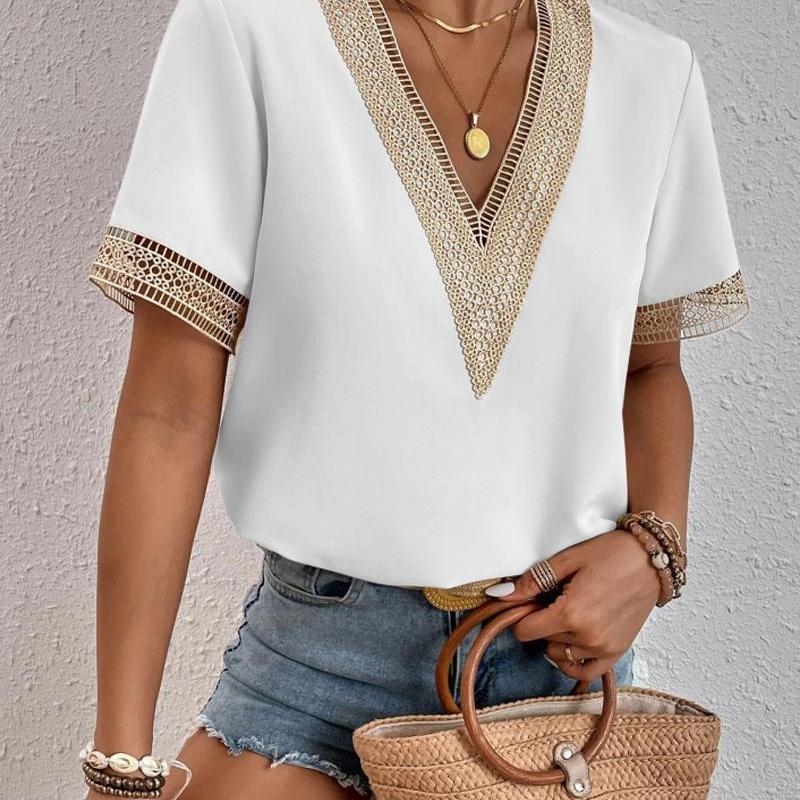 Women's V Neck Blouse Short Sleeve Lace Trim Loose Fit Casual Summer Top