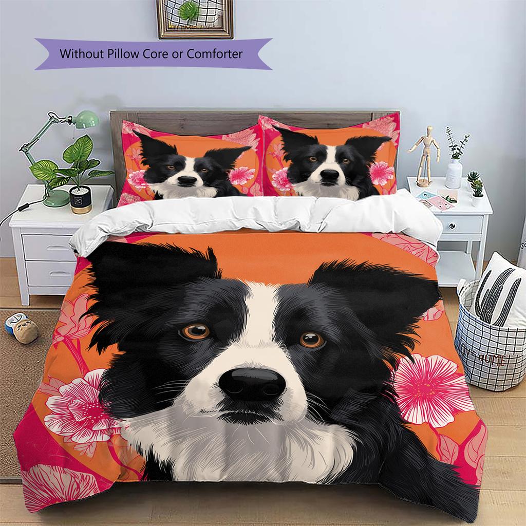 Pink Border Collie Pattern Bedding Home Decoration Birthday Gift (1 * duvet cover + 2 * pillowcase, without core)