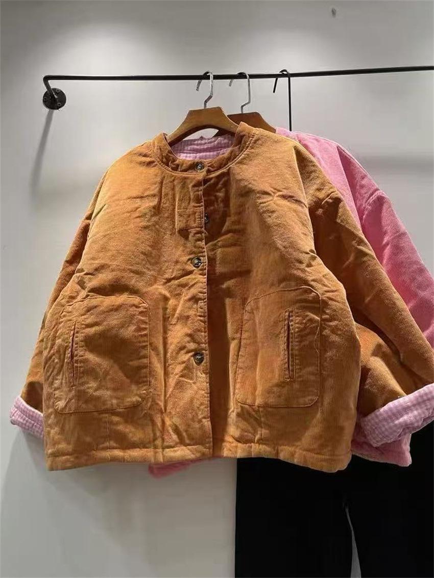 

Johnature Зимняя ретро вельветовая куртка Двусторонняя теплая женская свободная хлопковая повседневная лоскутная куртка One Size света кофе