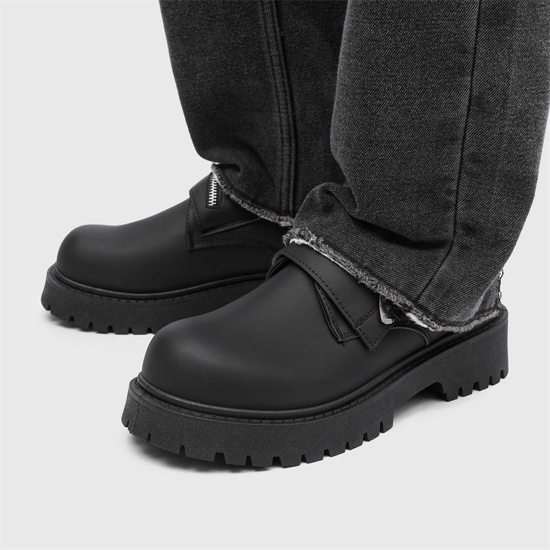 2025 New Mens Matte Derby Shoes British Workwear Zipper-Trimmed Casual Shoes Big Round-Toe Black Leather Footwear for Daily Wear