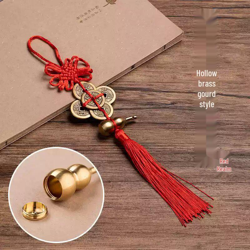 Chinese Knot Brass Five Emperors Coins Pendant with Peach Wood Gourd Ornament for Home or Car