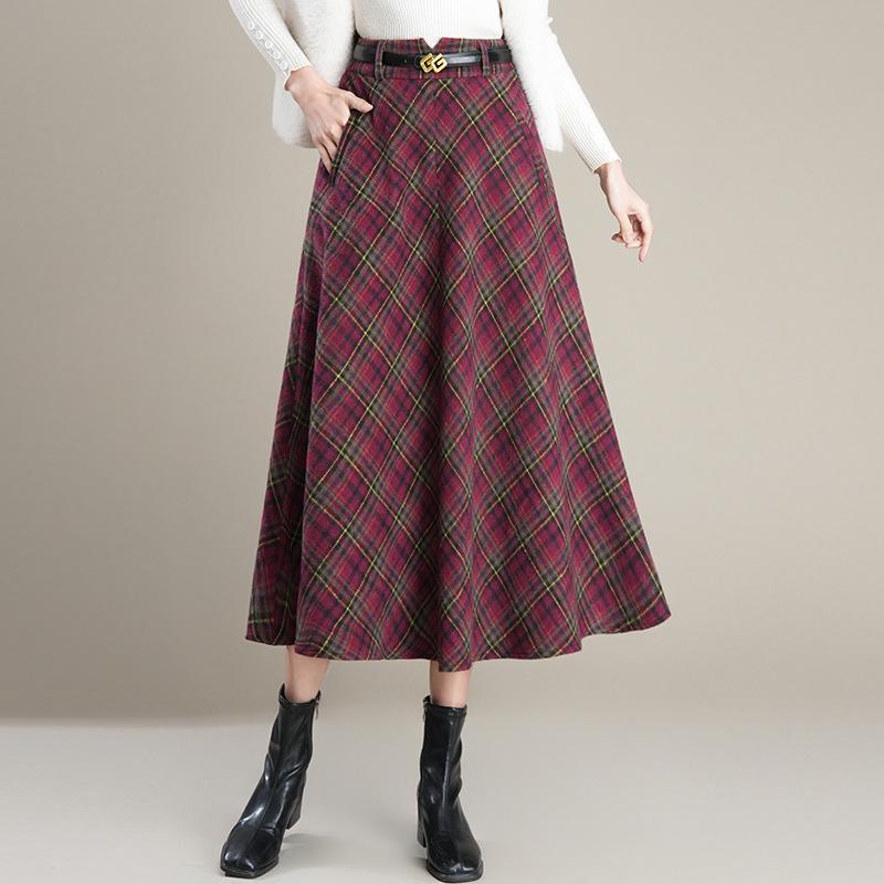 Woolen Plaid Pleated A-line Skirt - 2025 Winter Korean Style