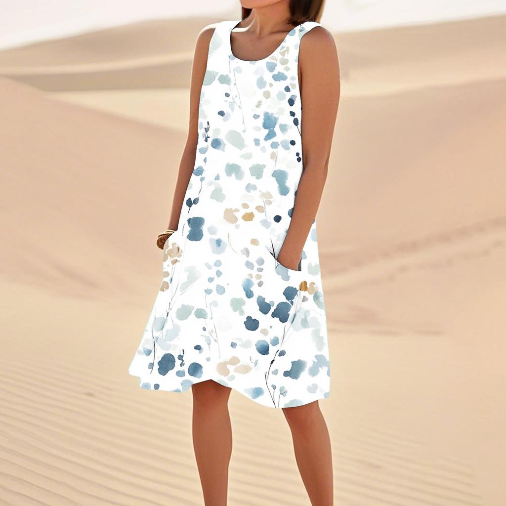 Women's Casual Summer Floral Print Sleeveless Pocket Dress