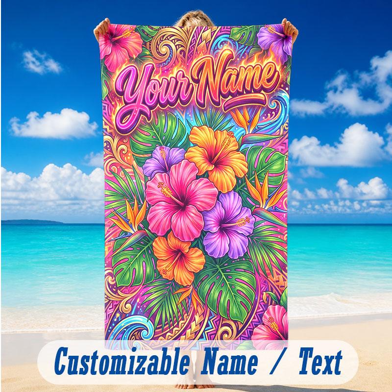 Floral Garden Theme Beach Towel Personalized Custom Name & Text Soft Quick Dry Beach Towel for Swimming Travel