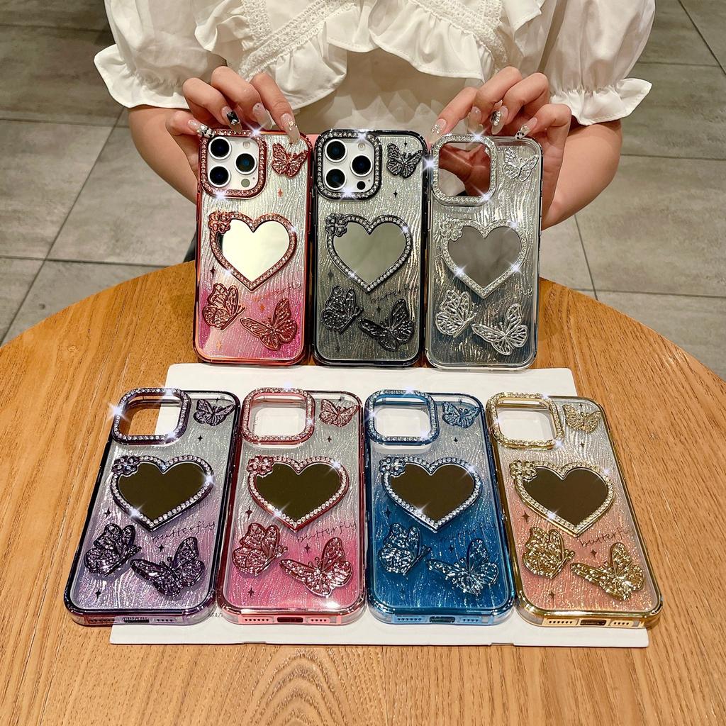 Sparkling Diamond Love Mirror for IPhone 16 Promax Phone Case for Apple 15 Water Ripple Gradient Soft Case