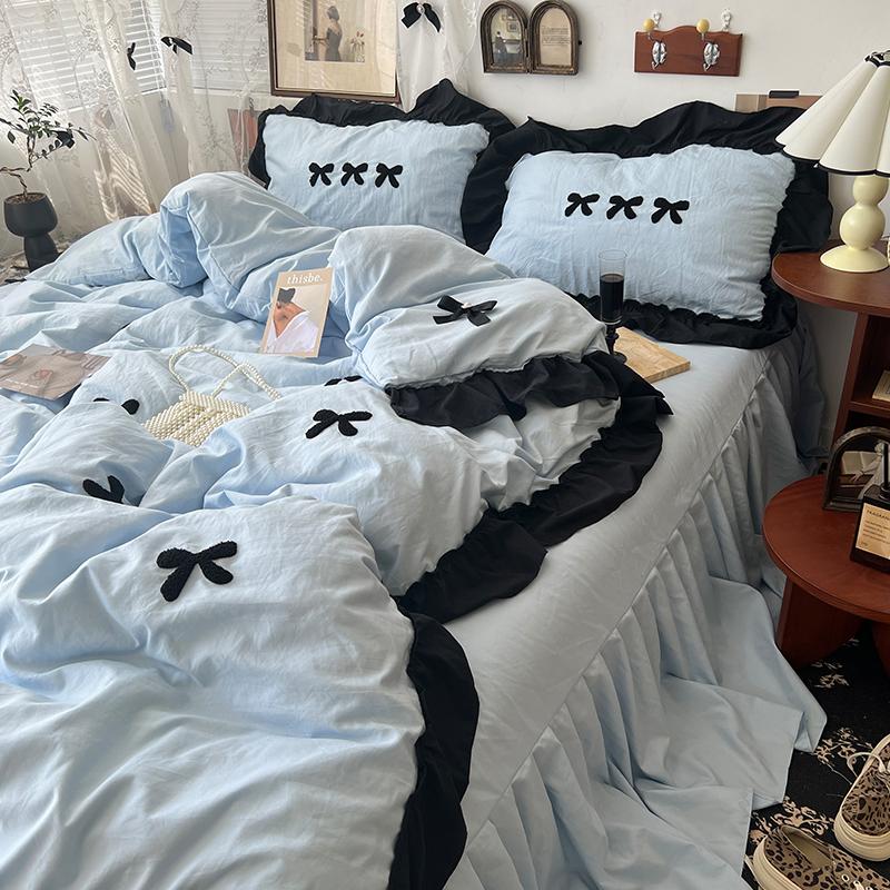 Korean Princess Style Kawaii Girl Black Bow Bedding Set Skin-friendly Soft Duvet Cover Set Bed Sheet Or Bed Skirt Pillowcases