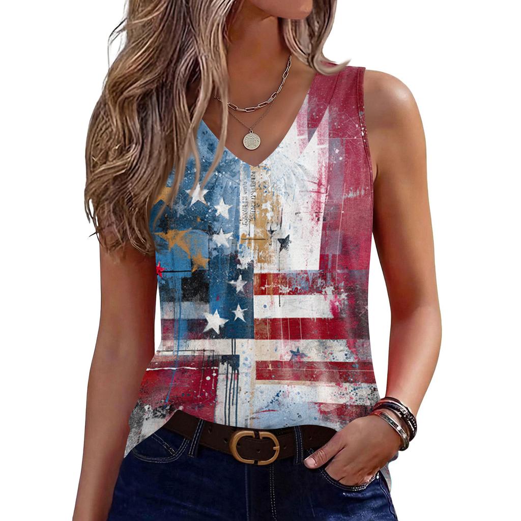 V-Neck Tank Top Women Print Tank Tee Casual Loose Fit Sleeveless Shirt