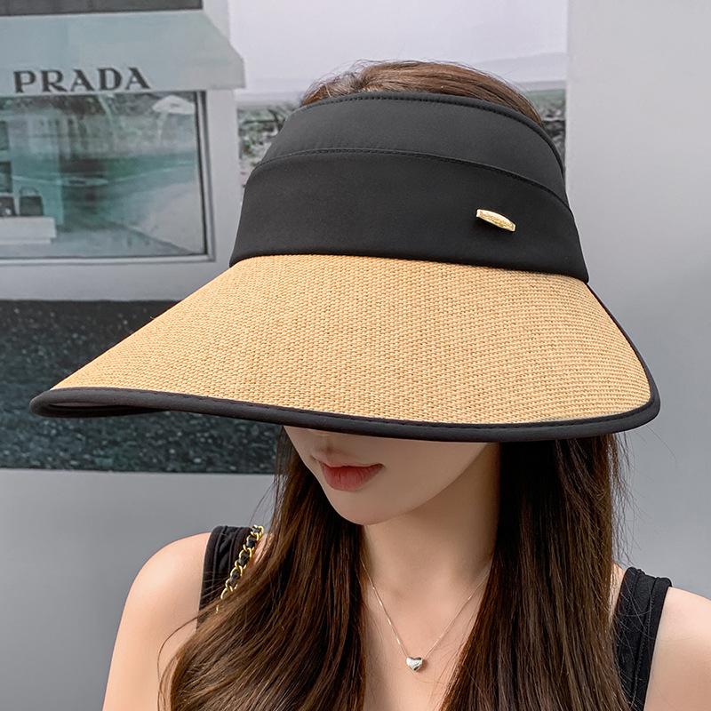 Straw enlarged brim vinyl empty top hat children spring and summer leisure outdoor face covering sun protection hat versatile bucket hat