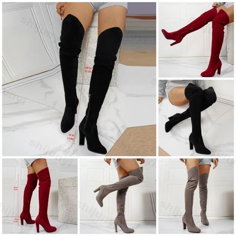 Fashion Autumn Women High-heeled Over Knee High Boots Elastic Flock Long Thigh High Boot Thick Heel Side Zipper Fashionable Womens Boots