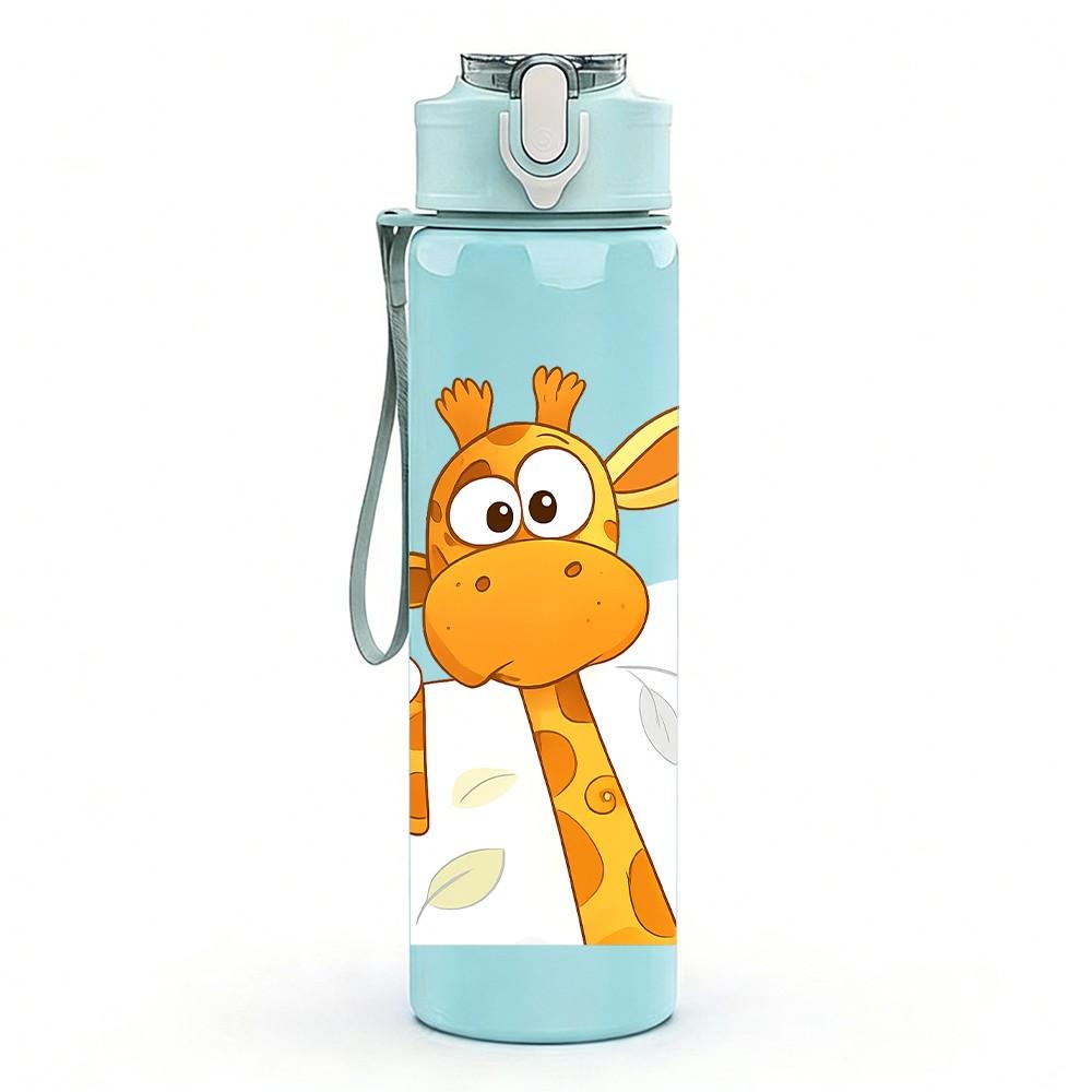 1PC Cute Giraffe Cartoon Print 750ml Color Plastic Sports Water Bottle Leakproof Flip Straw Lid Suitable for Sports Office Home Use