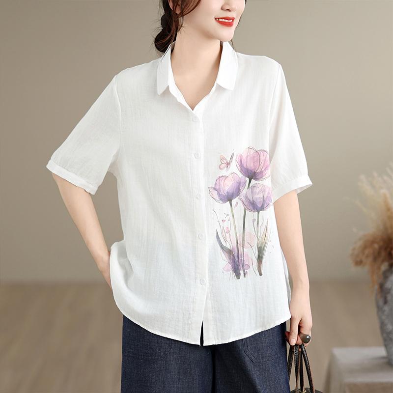 DIMANAF 2026 Women Plus Size New Summer Cotton Blouse Shirt Short Sleeve Print Floral Casual Loose Lady Tops Shirts