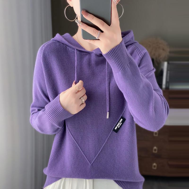 INDFS Women's Fashion Casual Fall Winter Solid Color Print Long Sleeve Hooded Sweaters