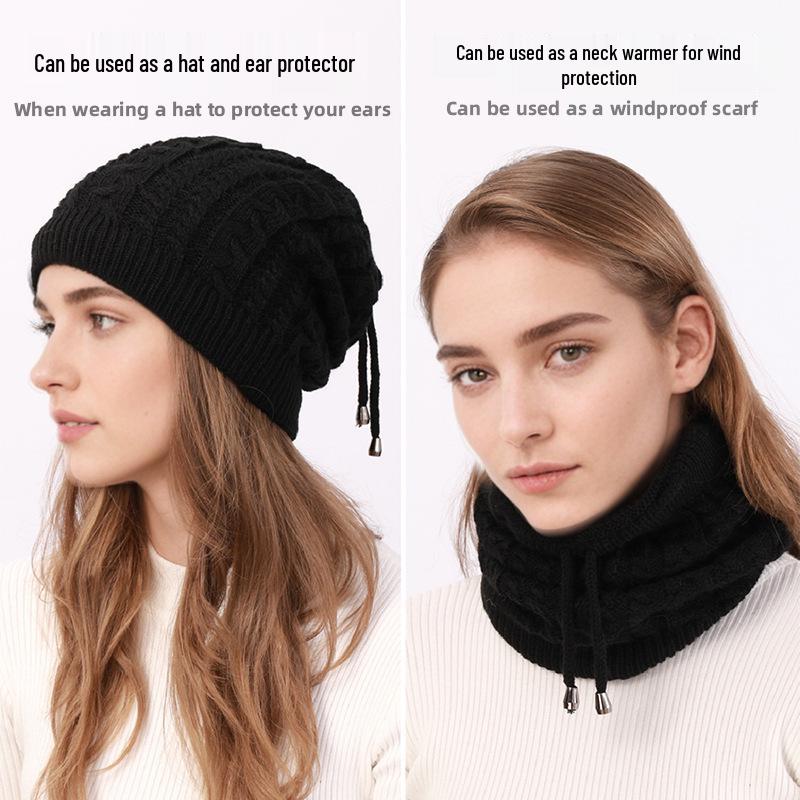 Europäischer & Amerikanischer Herbst/Winter Warmer Nackenwärmer mit Kordelzug - Doppelt tragbare Strickmütze mit Zopföffnung für Damen