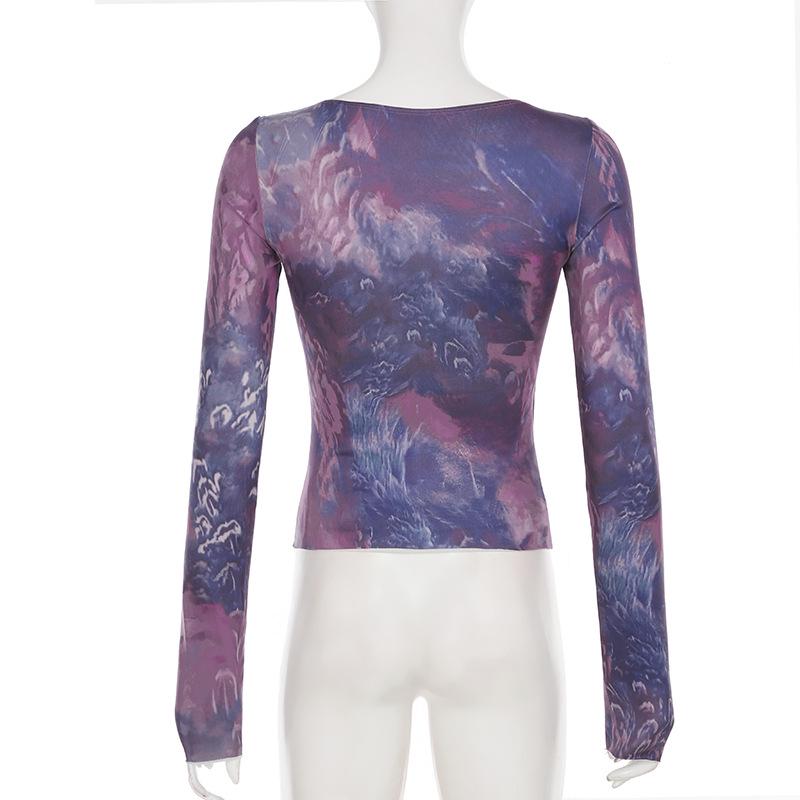 French Romantic Purple V-Neck Pleated Waist Retro Top with Long Sleeves
