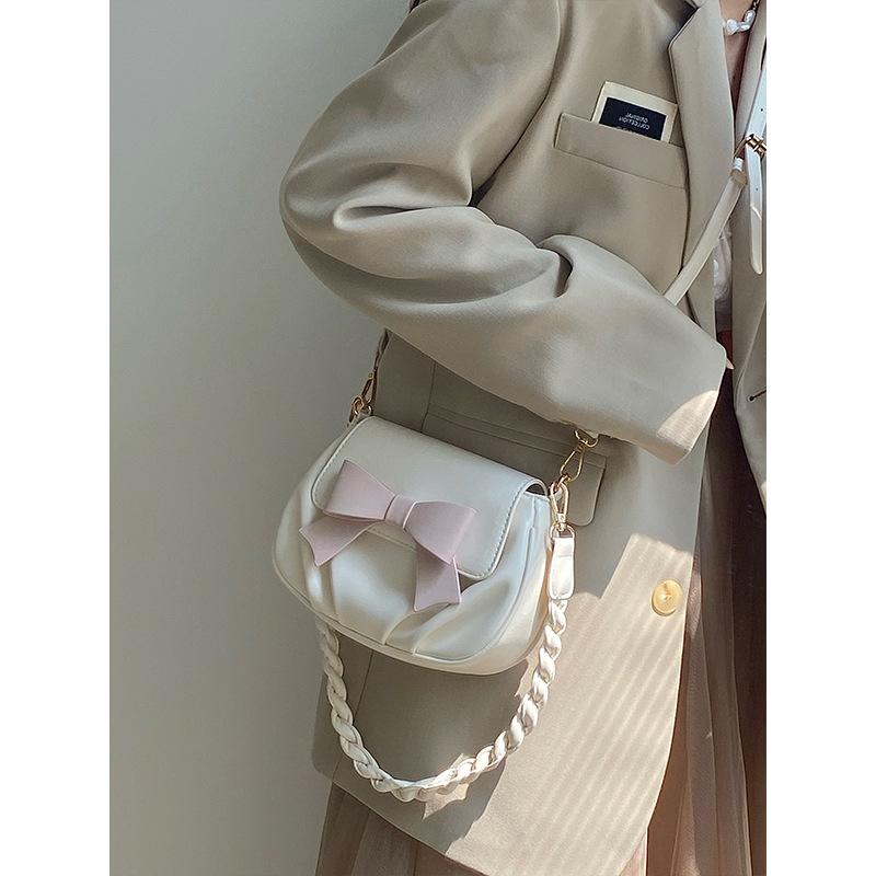 Summer Sweet and Cute Bow Small Round Bag, Pleated Cloud Bag Soft Shoulder Messenger Bag Women
