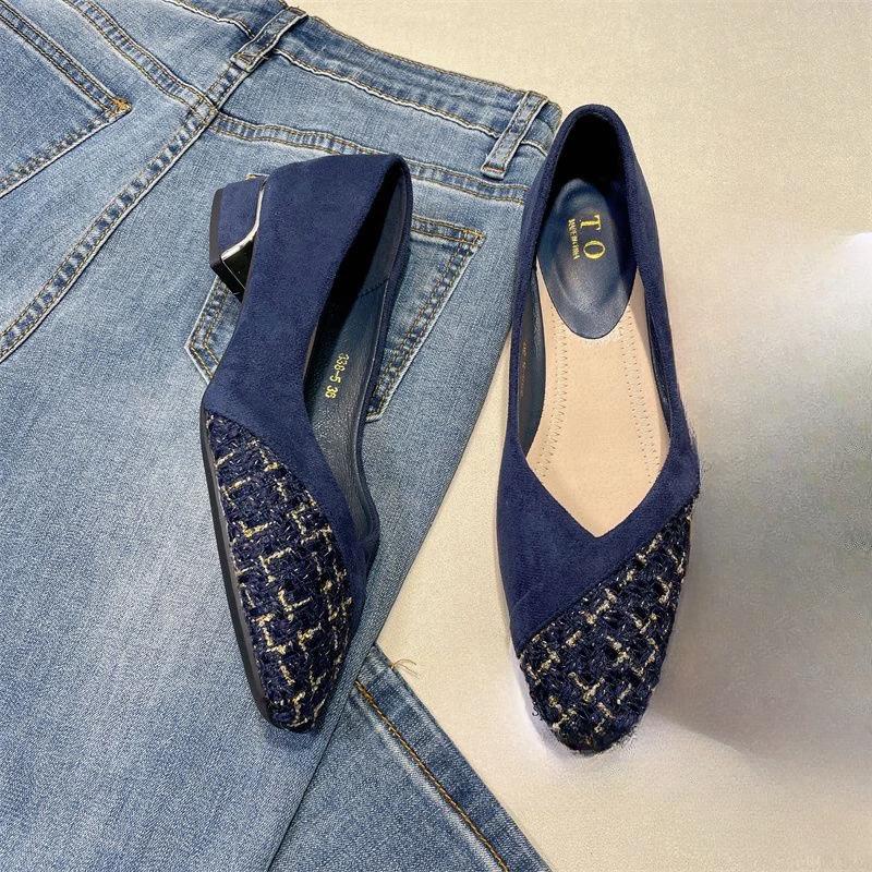 2025 Spring Summer Women High Heels Elegant Ladies Pumps Soft Cloth Square Heel 3.5cm Black Blue Red Plus Size 42 D228