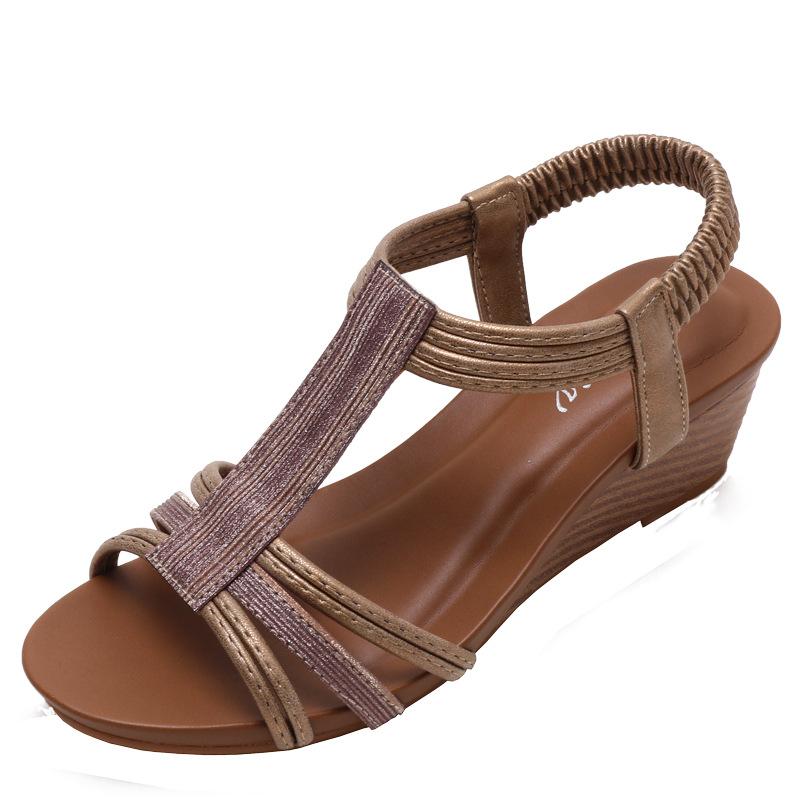 Römische Retro-Keilsandalen Damen Sommer neu ethnischer Stil Wort mit leichtem Reisen Damenschuhe -