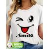 Women Joyful Face Graphic T-Shirt - Playful "Smile" Text & Heart Design, Casual Round Neck Short Sleeve Tee