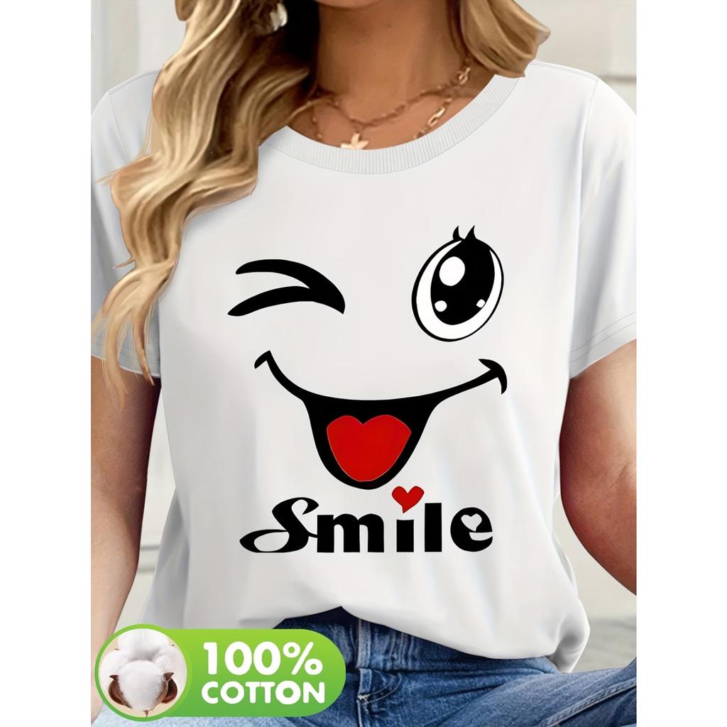 Women Joyful Face Graphic T-Shirt - Playful "Smile" Text & Heart Design, Casual Round Neck Short Sleeve Tee