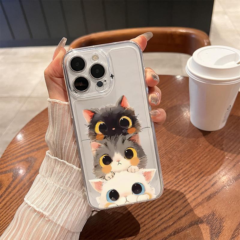 Aesthetic Big Eyes Cat Phone Case For iPhone 17 Air 16E 16 15 14 11 Pro Max Plus 13 12 Mini 8 7 X Transparent Shockproof Cover