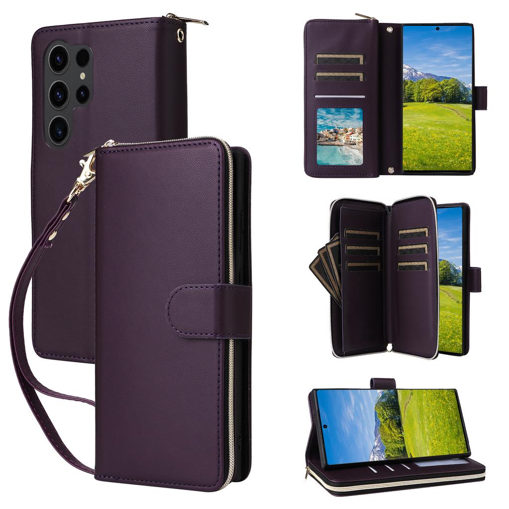R20 For Samsung Galaxy S23 Ultra Case Zipper PU Leather Phone Cover with Straps