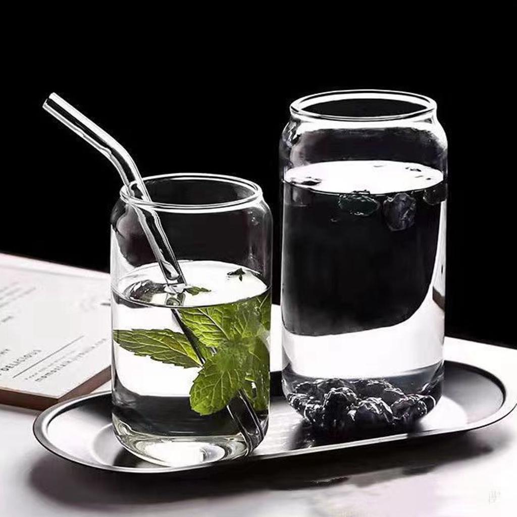 Straw Cup Glasses with Bamboo Lids and Glass Straw Reusable Drinking Glasses Can Shaped Glass Cups for Beer Iced Coffee Cocktail