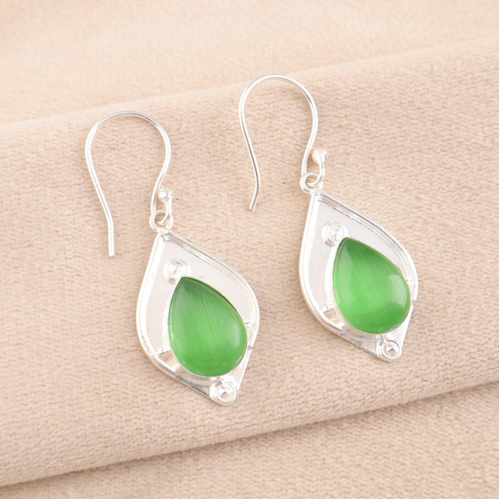 Green Cat's Eye Gemstone 925 Stamped Silver Jewelry Handmade Boho Earrings 1.90" EE-35-46