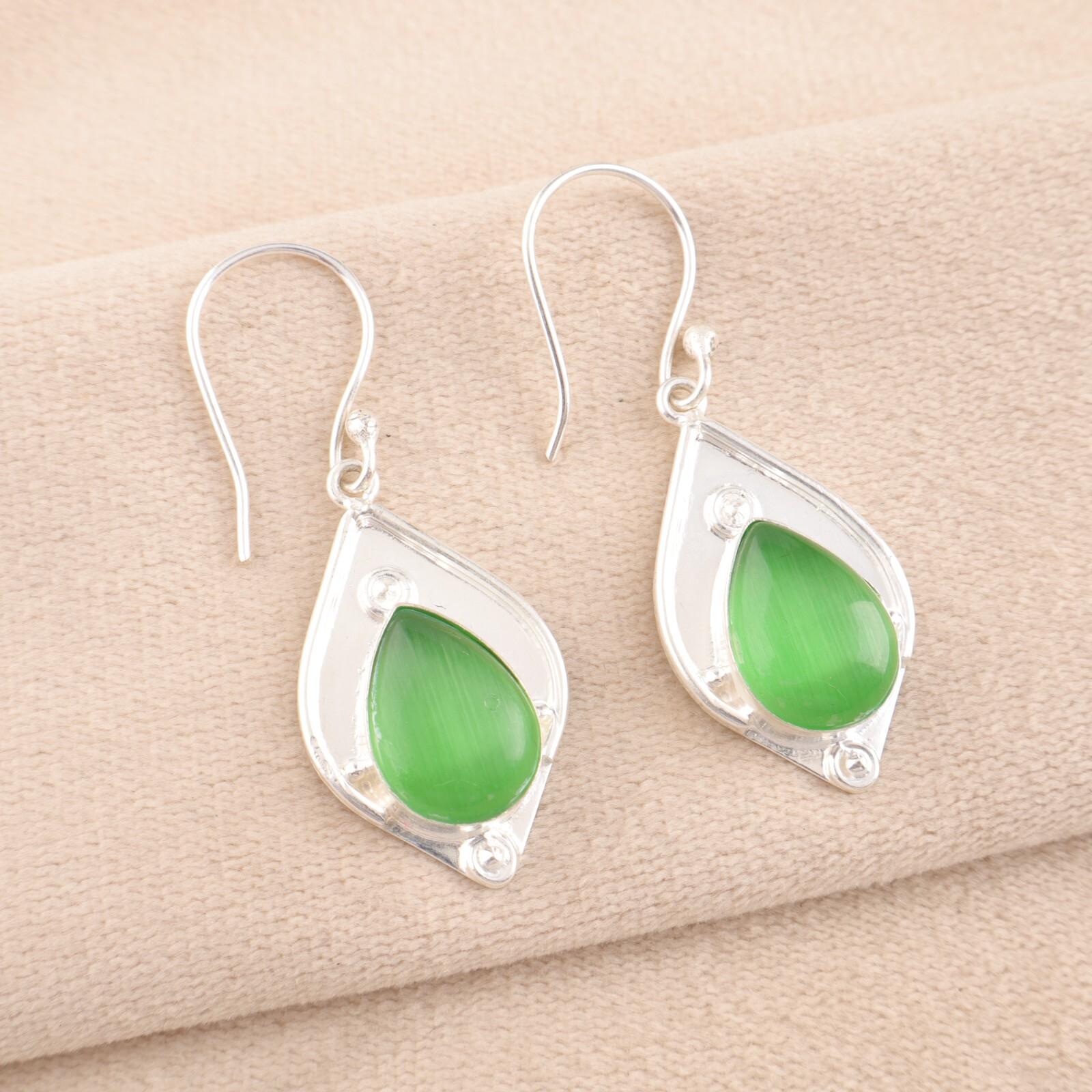 

Green Cat s Eye Gemstone 925 Stamped Silver Jewelry Handmade Boho Earrings 1.90 EE-35-46