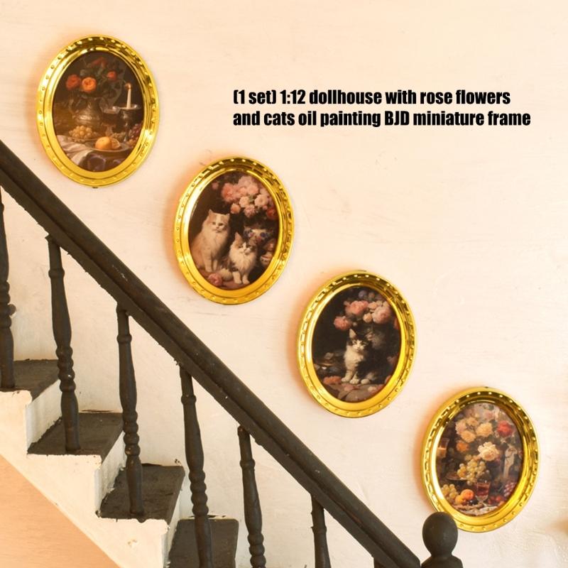 4PCS Antique Iron Wall Art Miniature Oil Painting Photo Frame With Roses And Cats Theme For 1/12 Scale Doll House Display