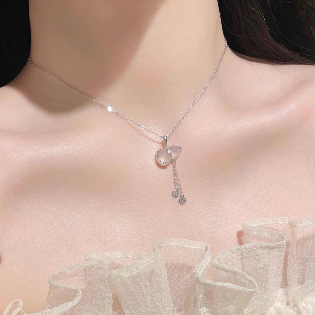 Women's S925 Sterling Silver Tassel Gourd Necklace with Chalcedony - Chinese Style Clavicle Chain