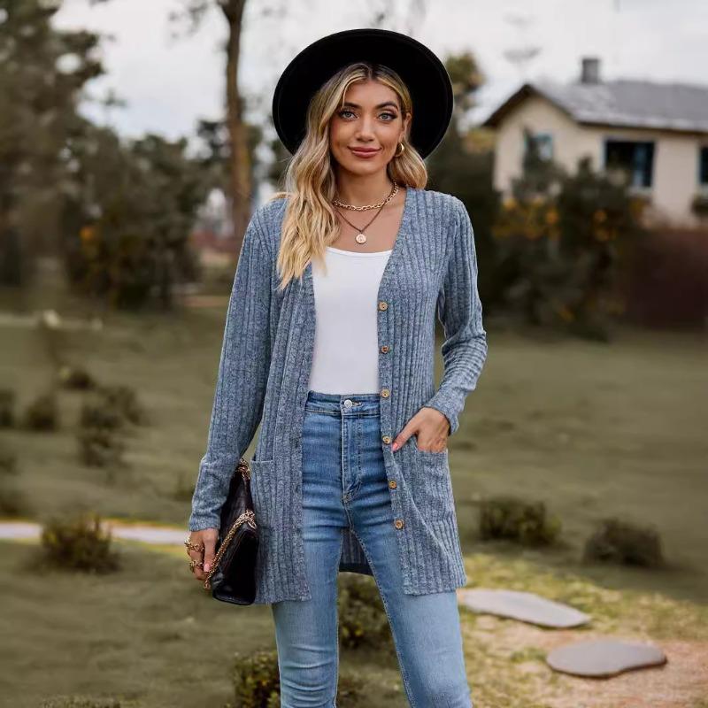 

Осенний новый однотонный женский кардиган с длинным рукавом, модная зимняя повседневная вязаная куртка-кардиган, элегантный простой свитер большого размера 24726 XXL синий