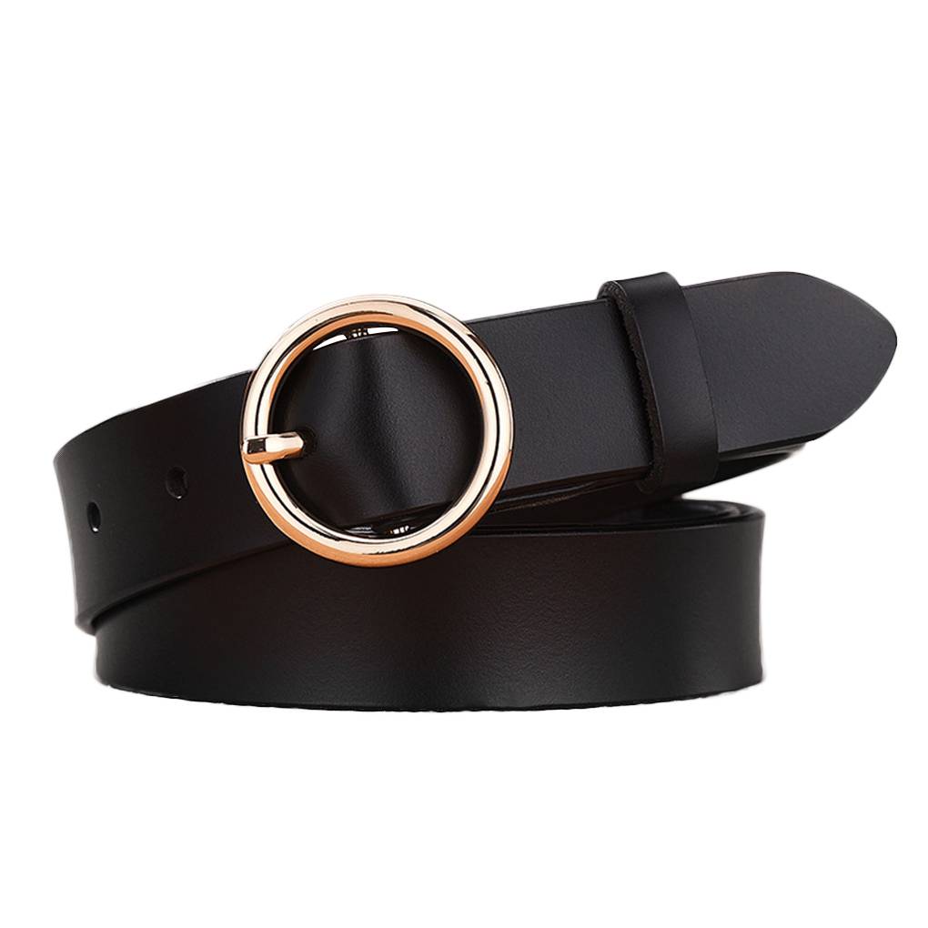 Female Gold Round Metal Circle Buckle Belt Women Jeans Pants PU Leather Pure Color Waist Belts