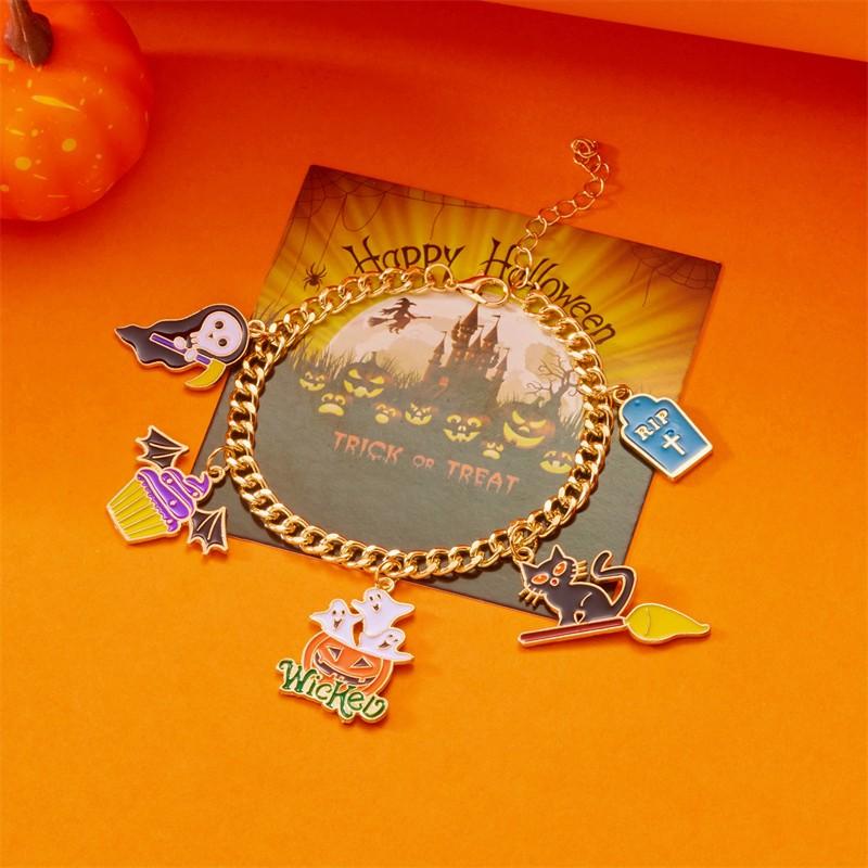 Halloween-Serie Fliegende Katze Skelett Geist Anhänger Armbänder für Damen Handgemacht Dicke Kette Charm-Armband Party Schmuck Geschenke