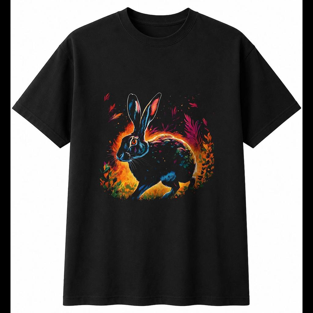 Botanical Hare Glowing Wildlife Mens T-Shirt Black 100% Cotton Printed Nature