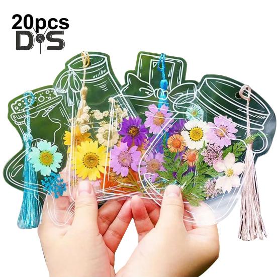 20/100 Pcs DIY Transparent Dried Flower Bookmarks Clear Pressed Flower Bookmarks with Tassels Self-Adhesive Jars Stickers