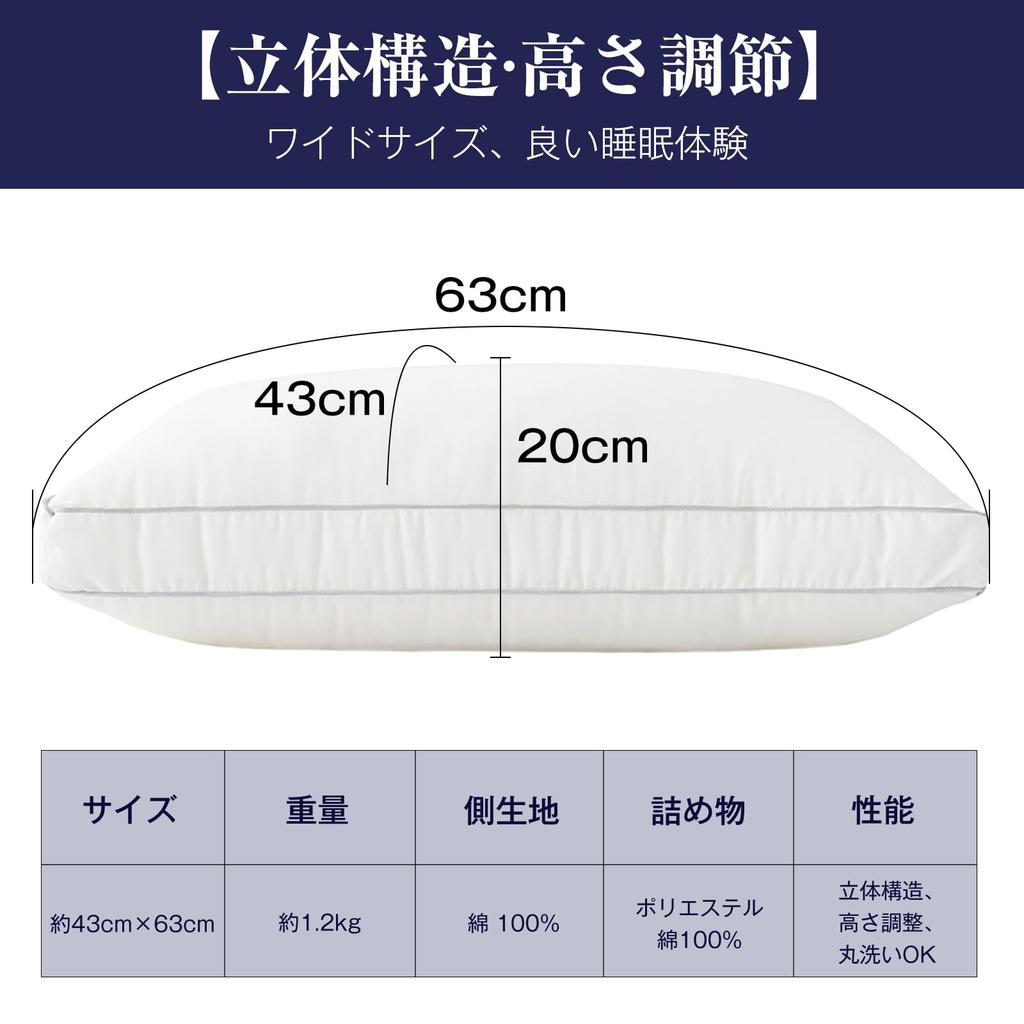 Fuwawa Hotel-Quality Pillow, Approx. 63 X 43 X 20 Cm [High X Low Height Adjustable] High-Resilience Pillow [SEK], Odor-Resistant, 3D Structure, Soft