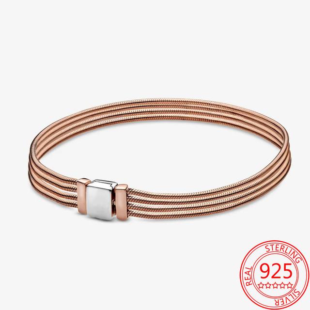 Authentic 925 Sterling Silver Infinite Knotted Heart T -Bar Strip Bracelet Multi -Snake Bangle Wedding Party Girls Fine Jewelry