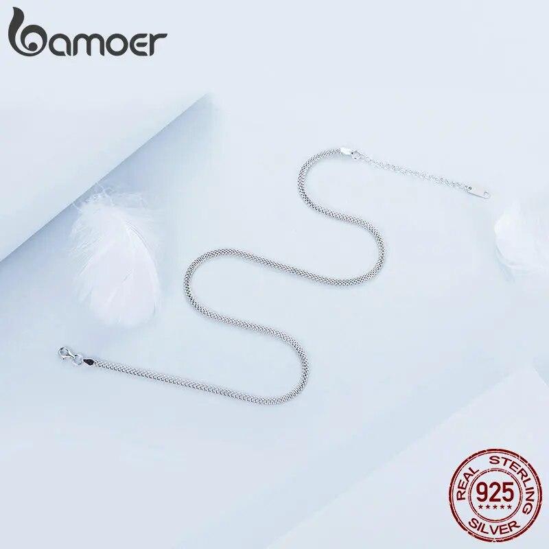 BAMOER White Gold Plated Necklace for Women, 925 Sterling Silver Snake Chain Necklace Dainty Chunky Woven Necklace