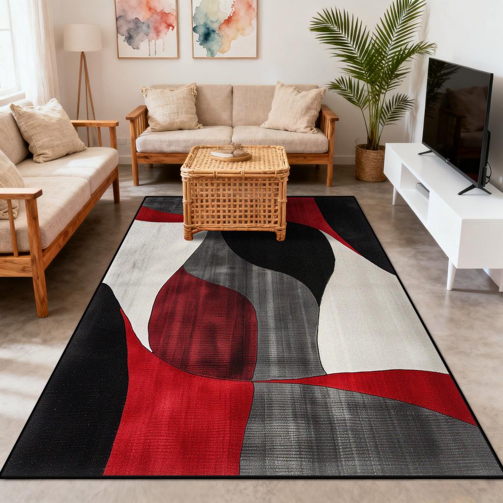 Moderne Abstraktion Roter Plüsch Wohnzimmerteppich Dekoration Schlafzimmer Nachttisch Rutschfester Teppich Große Fläche Einfache Reinigung Weiche Bodenmatten