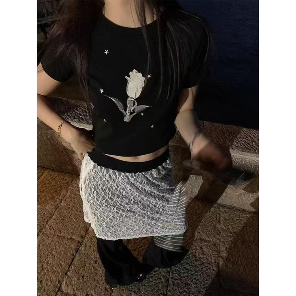 Homemade printed black short-sleeved T-shirt women's summer new sweet and spicy scheming waist women's top
