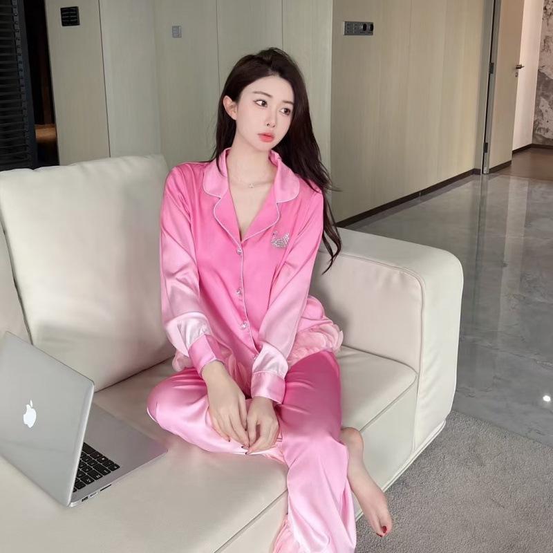1011 Spring and Autumn New Ice Silk Pajamas Women's Light Luxury Lace French Satin Gradual Change Color High-end Loungewear Set
