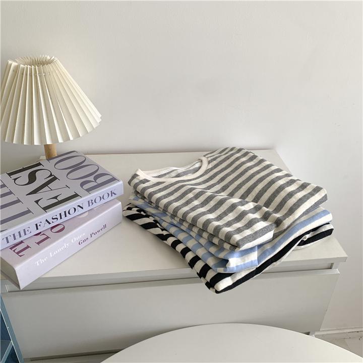 2025 Summer Women's Striped Cotton-Linen Short-Sleeve Round Neck Top, Korean Style