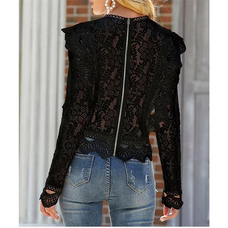 Solid Color Bottoming Sexy Hollow Lace Long-sleeved Women's Lace Shirt Jacket Top