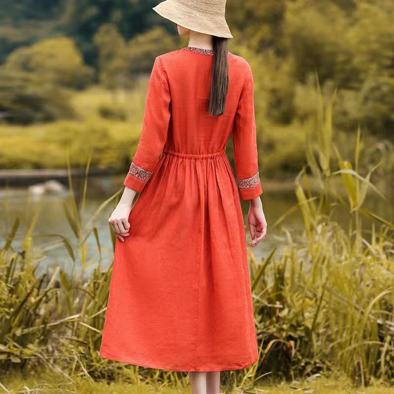 Retro Literary Cotton Linen Waist-Cinched Dress for Women - 2026 Spring/Autumn Mid-Length Long Sleeve Skirt