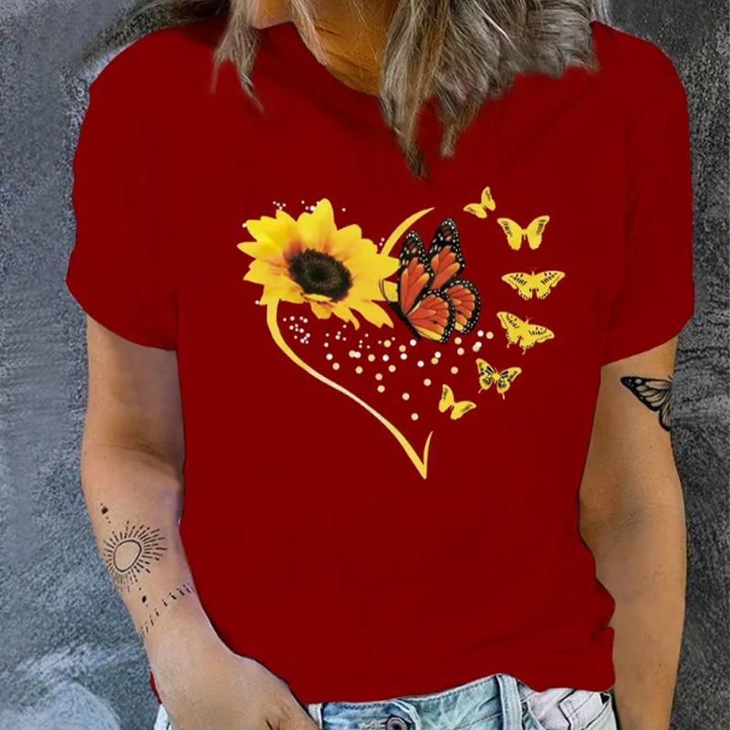 Fashion Women Love Sunflowers&Butterflies Print T Shirt Funny Casual O-neck Short Sleeves T-shirt Summer Female Tee Shirt