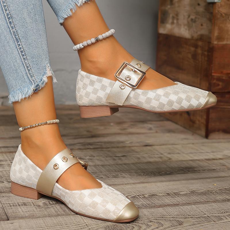 fashion Elegant Plaid Pattern Mary Jane Shoes for Women Metal Buckle Ankle Strap Pumps Woman Comfort Low Heels Single Shoes Plus Size